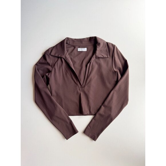 Aritzia BABATON Contour Brown Jersey Polo Long Sleeve Waist T-Shirt, Size M - Picture 5 of 13